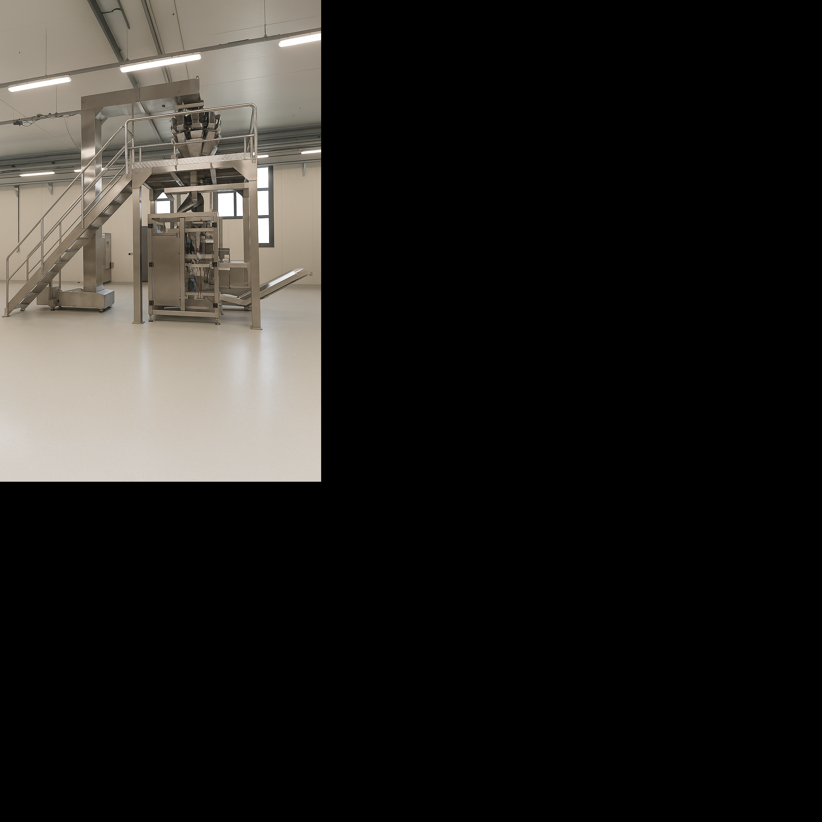 Compact vertical form fill and seal line with bucket transport, automatic feeder, and inline printer in France