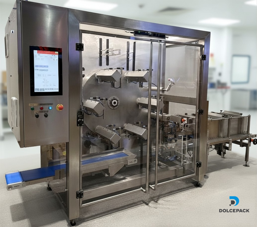 DolcePack REVO premade pouch fill and seal machine with controls and conveyor