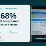 Combi Sprint client update showing 99.68% reported efficiency with 1,862 pouches processed and 6 rejected