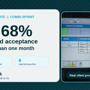 Combi Sprint client update showing 99.68% reported efficiency with 1,862 pouches processed and 6 rejected
